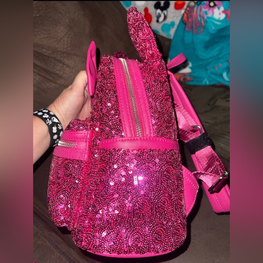 Disney parks Loungefly Magenta hot pink sequin backpack & ears - Picture 5 of 11